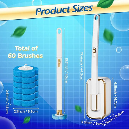 Disposable Toilet Cleaning Brush - Toilet Bowl Cleaner Wand and Holder Set with 2 Holders and 60 Refills, Wall Mounted Clean Stick Brush Heads Kit for Bathroom Bathtub Cleaning System