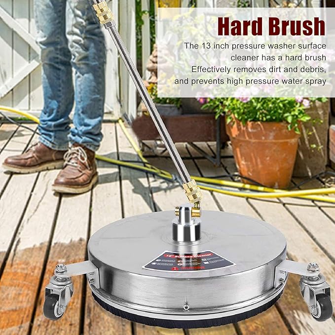 Pressure Washer Surface Cleaner, 4000psi 13 Inch Stainless Steel Power Sweeper with 4 Wheels 2 ExWand for Concrete, Ceramic Tiles, Stone, Patio, Garden, Driveways, Sidewalk