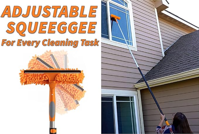 24 Foot High Reach Duster Kit with 5-18 ft Extension Pole // High Ceiling Dusting and Window Cleaning Kit with Telescopic Pole // Baseboard and Wall Washer Mop, Squeegee, Fan Blade & Cobweb Dusters