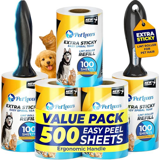 PetLovers Extra Sticky Lint Roller Mega Value Set 500 Sheets for Pet Hair Removal and Clothes, Dog and Cat Lint Remover 5 Pack by PetLovers