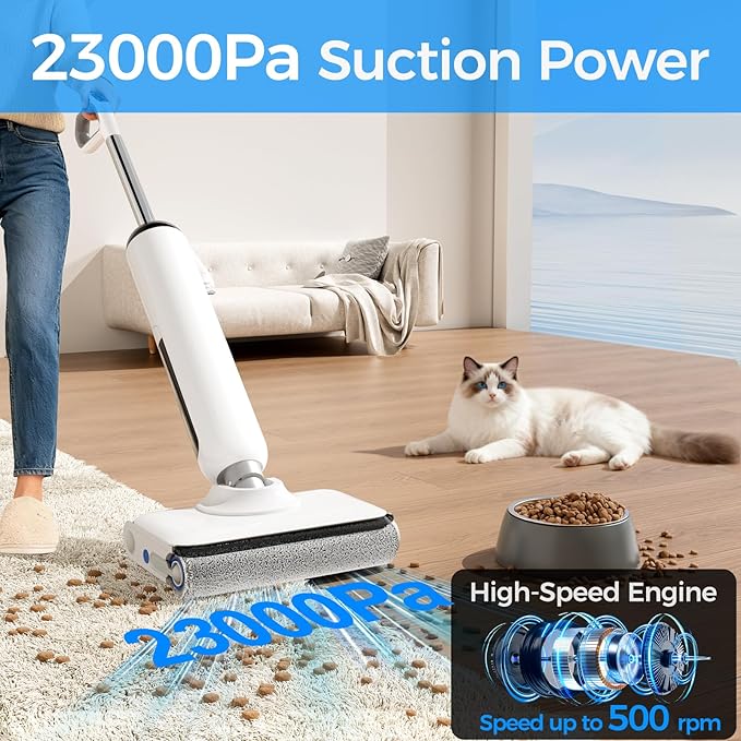 Wet Dry Vacuum Cleaner, 180° Lay-Flat Cordless Vacuum Mop Combo with Edge Cleaning, All-in-One Floor Cleaner for Hard Floors, 45mins Runtime, Full-Path Self-Cleaning&185℉ Flashdry