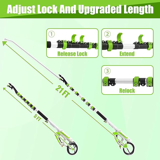 Tool Daily 21FT Telescoping Pressure Washer Wand with Brush, Power Washer Extension Wand, Aluminum Telescopic Gutter Cleaner with 3 Curved Rods, 5 Sprayer Nozzle Tips and Adjustable Belt, 4000 PSI