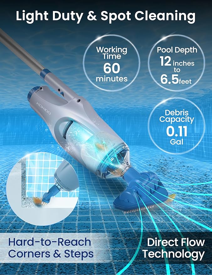 KOKIDO Rechargeable Handheld Pool Spa Hot Tub Vacuum Cordless, IPX8, Aluminum Pole and 2 Brush Heads, Ideal for Light-Duty Spot Cleaning Spa Above Ground Pool up to 20ft, 60min, Sand and Debris XV110