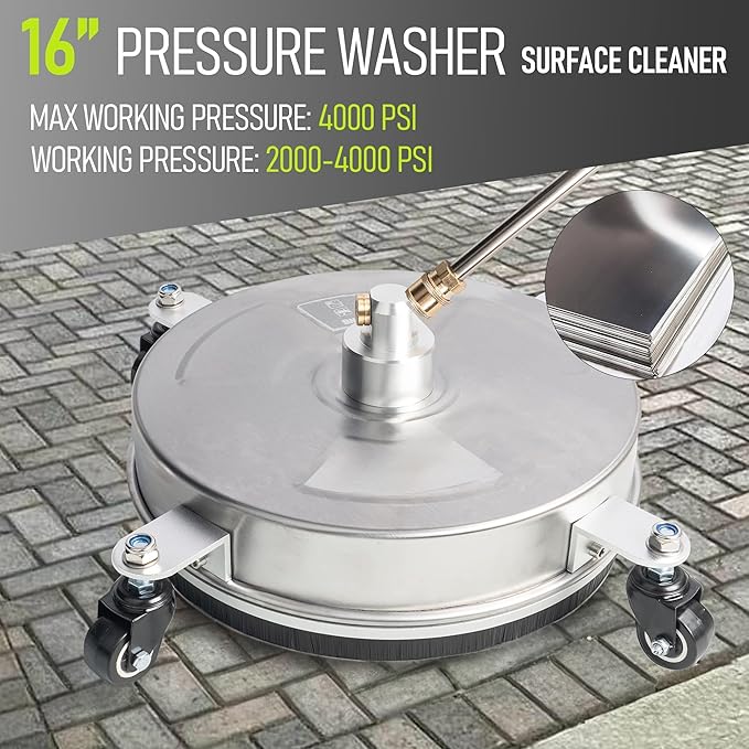 Hourleey 16" Pressure Washer Surface Cleaner, Stainless Steel Surface Cleaner with 4 Wheels for Concrete, Patio, Sidewalk, Deck, Pathway 1/4" Quick Connector, 2 Extension Wand, 4000 PSI