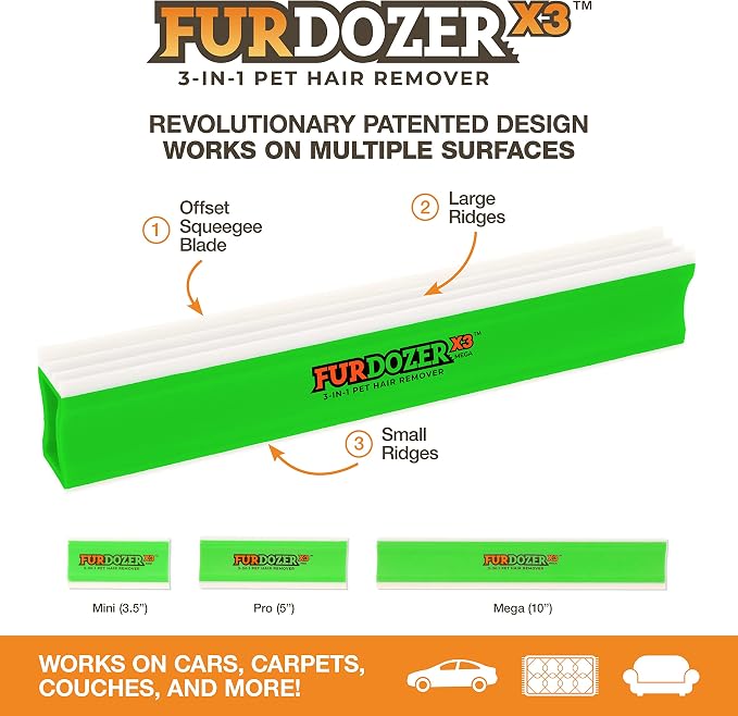 FurDozer Pet Hair Remover & Auto Detailing Tools - Cat & Dog Hair Remover for Carpets, Car Interiors, Couches, Bedding, & Pet Furniture (Green, X3 MEGA - 10" Long) - Image 2