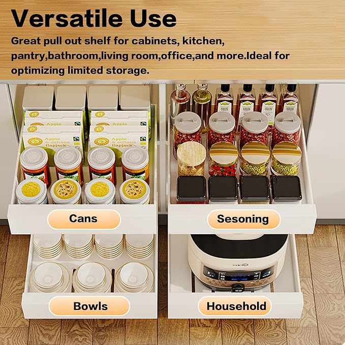 2 Pack Cabinet Organizer, 16.9" Deep Pull out Drawers for Cabinets, 10" Wide Pull out Cabinet Organizer Adhesive Heavy Duty Carbon Steel, Kitchen Cabinet Organizer, Pantry Organizers, White