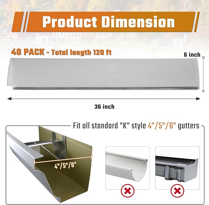 Lock-in Gutter Guard - 6” x 120 ft Durable Coated Steel Leaf Gutter Guards Micro Mesh Gutter Screens Gutter Protection Covers Fit K Style Gutter, Black, Pack of 40