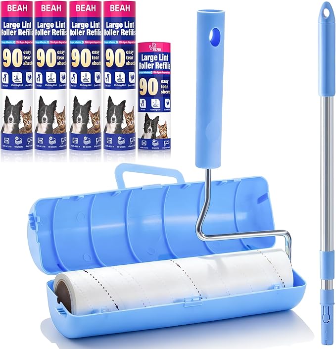 BEAH Large Lint Roller for Pet Hair Extra Sticky,9.45''Pet Hair Removal Tool Roller for Pet Dog Cat Hair (1 Roller+4 Long Rolls 1 Short roll) by BEAH
