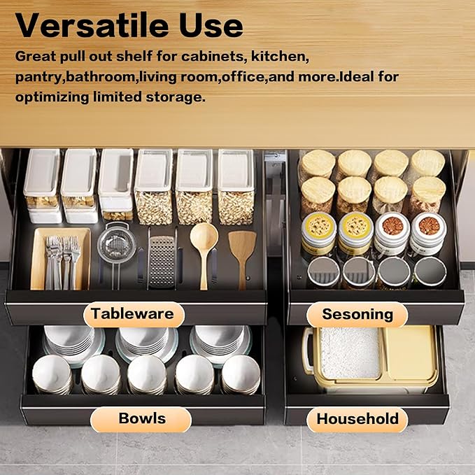 2 Pack Pull Out Drawers for Cabinets, 10" W Pull Out Cabinet Organizer Adhesive Sturdy Carbon Steel, Pull Out Shelves for Kitchen, Pantry and Bathroom Vanity, 10" W x 16.9"D x 3.1"H