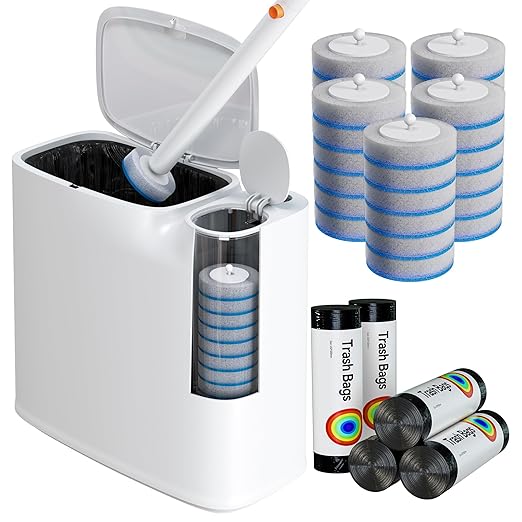 White Plastic Mini Trash Can, Toilet Cleaner Stick, Toilet Brush Holder, 36 Refills and 5 Rolls of Trash Bags, 2-Gallon Trash Can with Pop-Out Lid, Suitable for Bathrooms and Small Toilets.