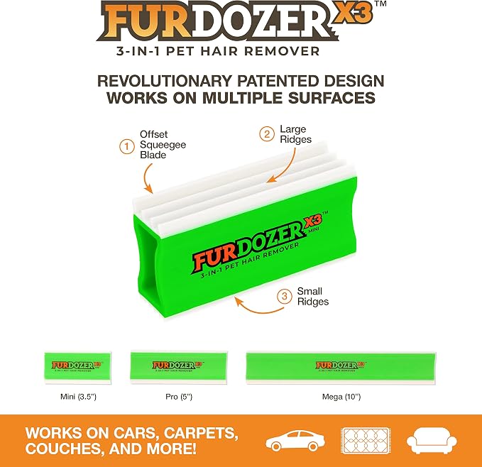 FurDozer Pet Hair Remover & Auto Detailing Tools - Cat & Dog Hair Remover for Carpets, Car Interiors, Couches, Bedding, & Pet Furniture (Green, X3 MINI - 3.5" Long) - Image 2