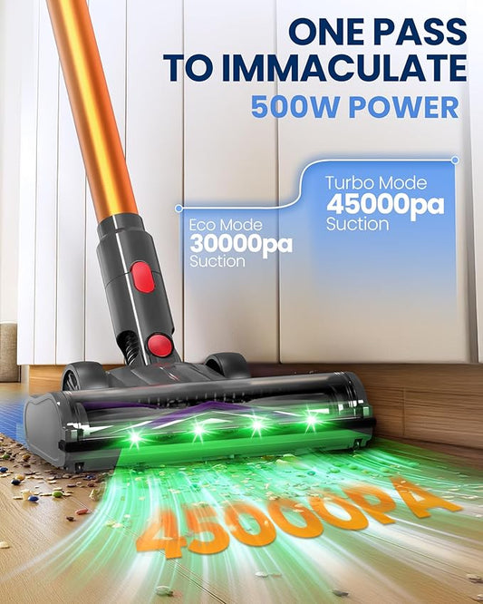 Cordless Vacuum Cleaner, 500W/45KPA/40Mins Lightweight Stick Vacuum for Home, LED Display and Green Headlights, 6-Stages Filtration, Self-Standing Vacuum for Hard Floor, Carpet
