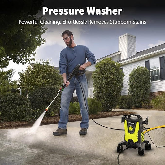 Yeryork Pressure Washer, Power Washer with 4 Lockable Wheels, Stainless Steel Lance, 4 Quick Connect Nozzles, 500ml Foam Cannon, Car Pressure Washer for Decks/Driveways/Patios (Fluorescent Green)