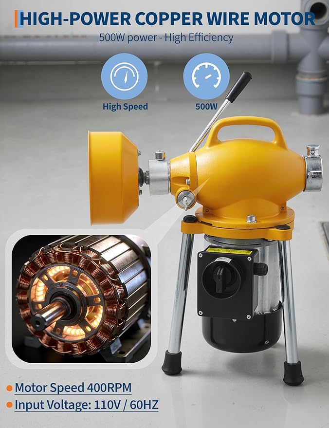 Portable Drain Cleaning Machine, 500w Auto Feed Electric Drain Cleaner Machine Auger Sewer Snake with 66 FT x 5/8" & 16 FT x 3/5" Steel Cables & 6 Cutters for Kitchen Bathroom 1.6"-4" Pipes