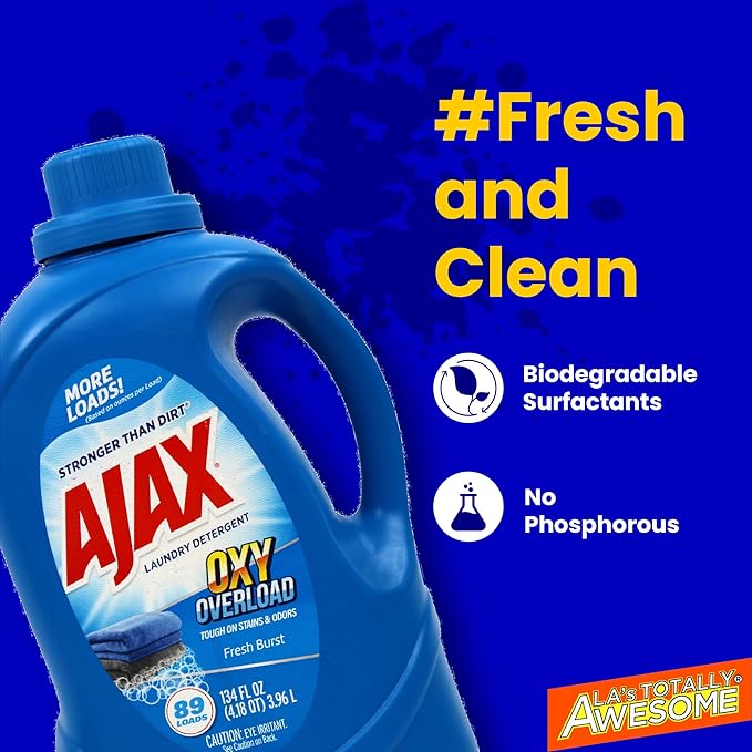 Ajax Oxy Overload Liquid Laundry Detergent, 134oz (Pack of 4) – Totally Awesome Cleaner with Deep Cleaning, Stain & Odor Removing power, HE Compatible, 178 Loads, Fresh Burst Scent