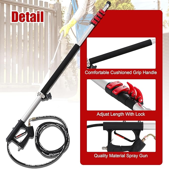 RIDGE WASHER 24 FT Telescoping Pressure Washer Wand, Pressure Washer Extension Wand, Telescopic Gutter Cleaner With 3 Curve Wands, 7 Spray Nozzle Tips, Adjustable Support Belt and 2 Adapters, 4000 PSI