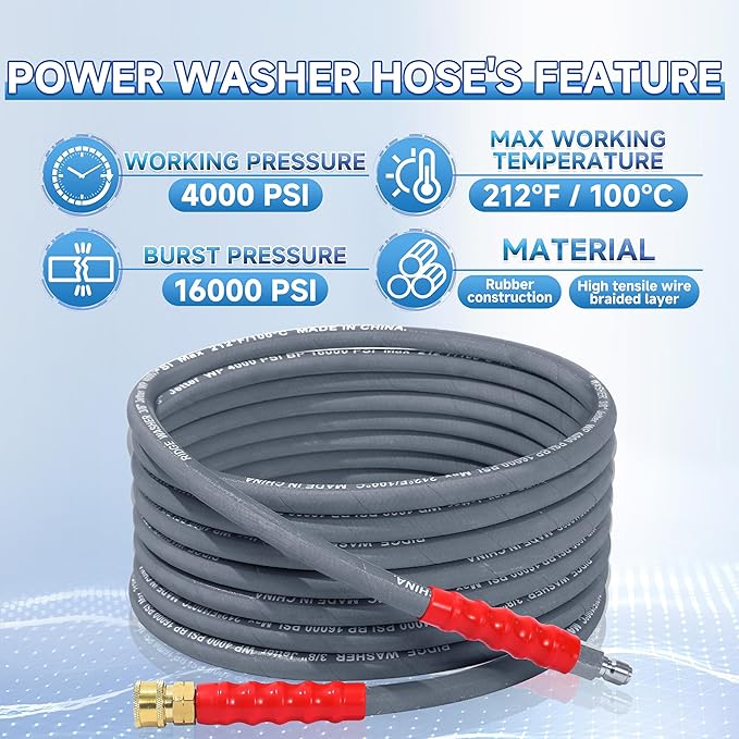 RIDGE WASHER Pressure Washer Hose 25 Ft, 4000 PSI Power Washer Hose with 3/8 Inch Quick Connect for Hot and Cold Water, Gray Non Marking Hoses, M22 14 mm Fitting