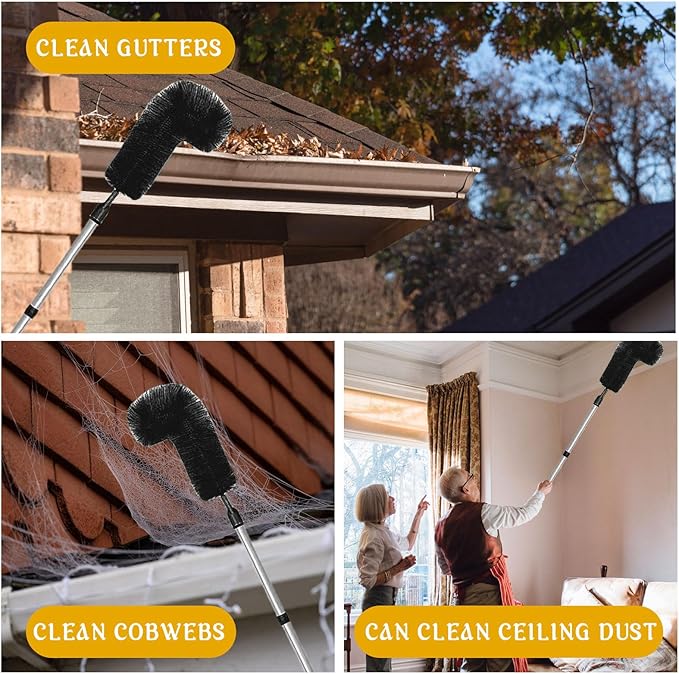 Gutter Cleaning Brush Extendable Guard Cleaner Tool with 8 Pcs Telescoping Handle Extension Pole 10ft, Gutter Cleaning Tools from The Ground for Easy Removing Leaves Debris Window Cleaner (Black)