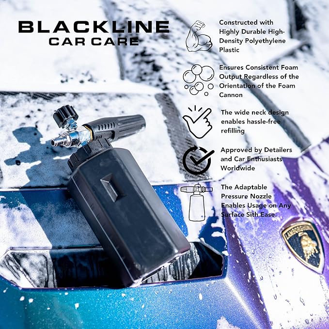 Blackline Foam Cannon for Pressure Washers (Wide Mouth), Durable Car Wash Foam Gun, Easy to Use & Adjust, Creates Thick Foam, 1L Bottle & Snow Foam Lance w/ 1/4" Quick Connect