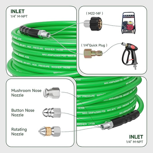 Sewer Jetter Kit for Pressure Washer 50FT – 5800PSI High-Pressure Drain Cleaner, M22 & 1/4'' NPT Universal Fit, Unclog Gutters & Sewer Lines, Durable Jetter Hose for Homeowners & DIYers