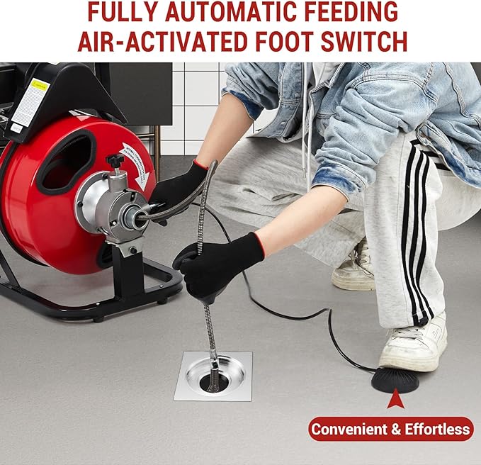 Auto Feed 75 ft x 1/2 in Drain Cleaner Machine with 250W Motor, Portable Sewer Snake Auger with 8 Cutters & Air-activated Foot Switch, Fits 1 in to 4 in Pipes, Black & Red
