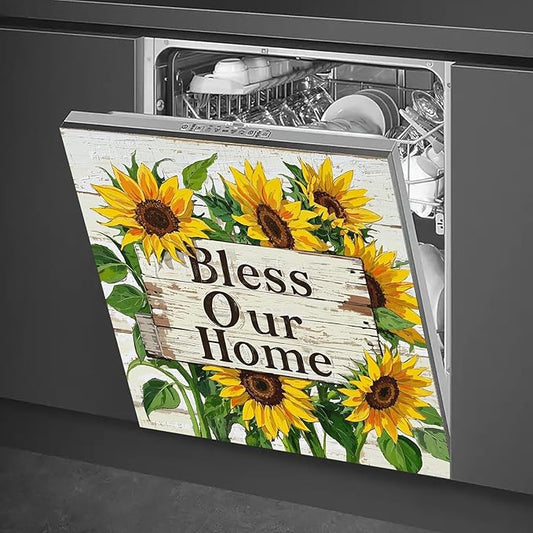Dishwasher Magnet Cover 23x26 in Rustic Bless Our Home Sunflowers Sign Dishwasher Cover for Kitchen Appliance Decoration Front Panel Sticker Rustic Art Skin Panel Home Decor Decal