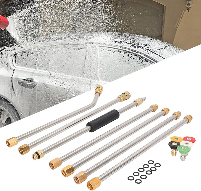 High Pressure Power Washer Extension Wand Set 4000PSI Gutter Cleaning Tool with 5 Nozzle Tips for Car Driveway Roof Deck ABS Metal Rustproof Strong Durable