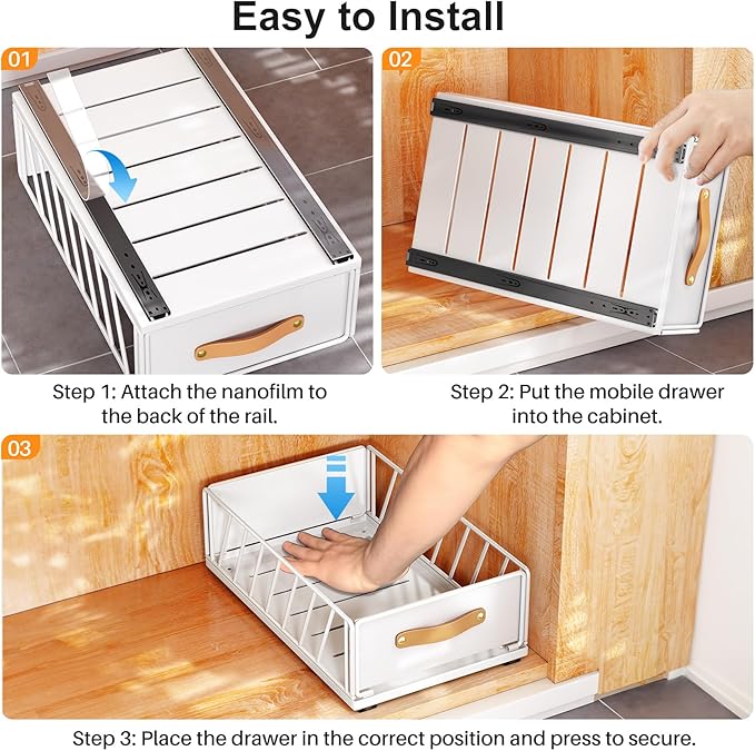 Pull out Cabinet Organizer Fixed with Adhesive Nano Film,Heavy Duty Slide out Pantry Shelves Drawer Storage,Sliding Mesh Cabinet Basket with Handle for Kitchen, Bathroom,Home, 15.8"W X 21"D X6.2"H