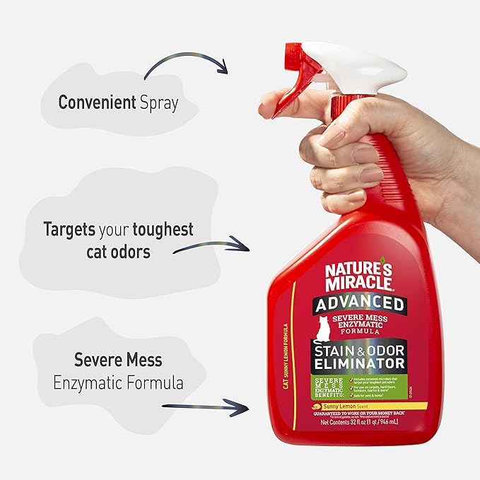 Nature's Miracle Advanced Cat Stain and Odor Eliminator Spray, Severe Mess Enzymatic Formula, Sunny Lemon Scent, 32 fl oz