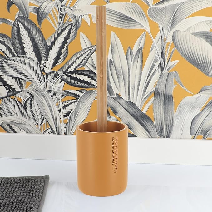 Compact Mustard Yellow Toilet Brush and Holder Set with Natural Bamboo Handle - Durable Toilet Bowl Brush for Deep Bathroom Cleaning