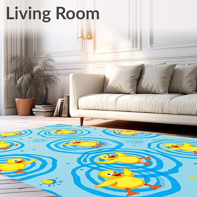 Flatwoven High Traffic Area Rug 2x3, Quirky Farmyard Dance with Splashing Pond Motif, Non Slip, Stain Resistant, Washable Area Rugs for Living Room, Bedroom (Yellow, 2x3)