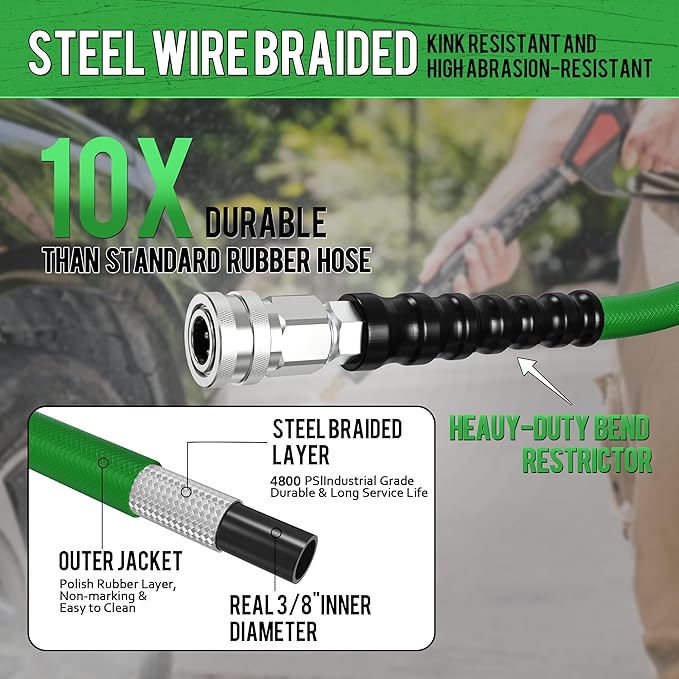 SITIMIMIL® 3/8 Pressure Washer Hose 50FT Hot Water - Commercial Grade 4800PSI Steel Wire Braided, Ultra Flexible & Kink Resistant, Quick Connect Fits Most Brands, for Home & Professional Use Green
