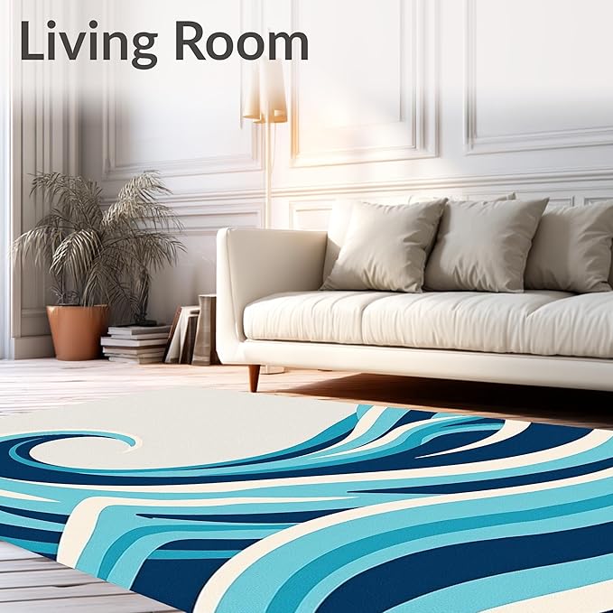 Flatwoven High Traffic Area Rug 8, Driftwood Lighthouse Wave Ocean Theme Bathroom, Non Slip, Stain Resistant, Washable Area Rugs for Living Room, Bedroom (Dark Blue, 8)