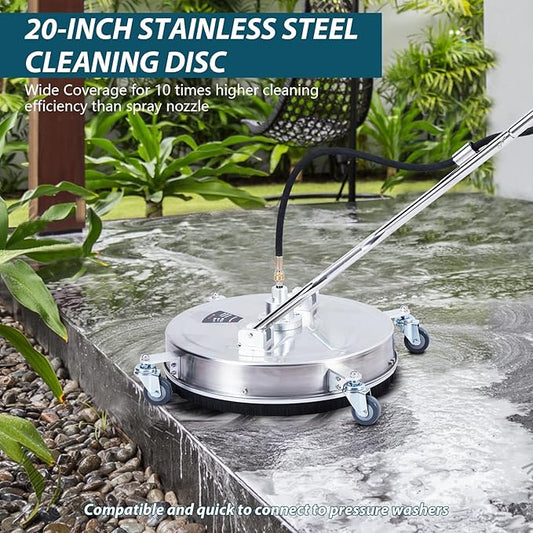 Towallmark 20" Pressure Washer Surface Cleaner with Dual Handle 4 Wheels, 3/8" Connector, 2 Replacement Nozzles, Stainless Steel Power Washer Housing Accessory for Driveway Deck Sidewalk Patio 4000PSI