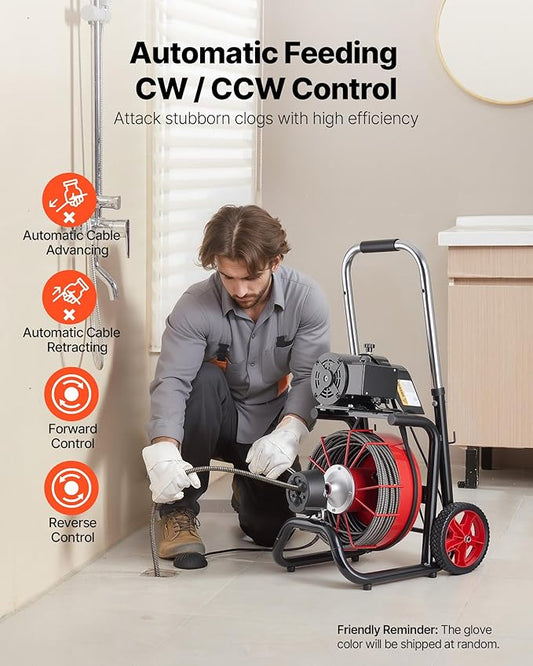 VEVOR Drain Cleaner Machine 100 FT x 1/2 Inch, Auto Feed Sewer Snake Auger on Wheels - with 8 Cutters & Air-Activated Foot Switch for 2" to 6" Pipes