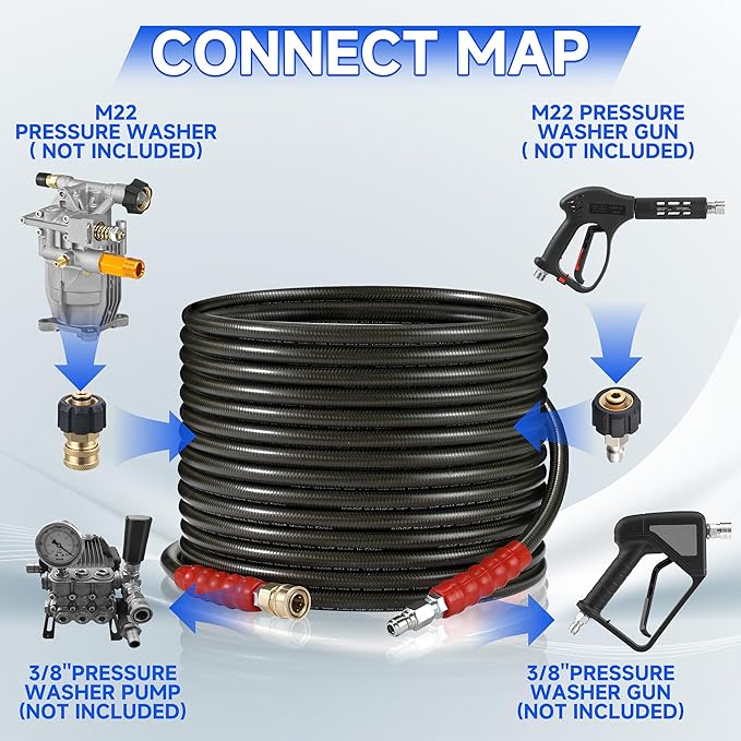 RIDGE WASHER Pressure Washer Hose 50 Feet X 3/8 Inch for Hot and Cold Water, 2-Wire Steel Braid Hose (R2), 3/8 Inch Quick Connect, 6000 PSI