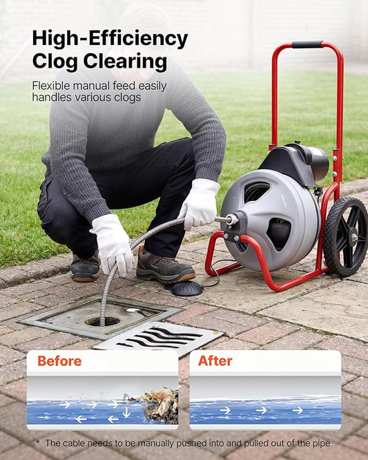 VEVOR Drain Cleaner Machine 75 FT x 3/8 Inch, Sewer Snake Auger Manual Feed on Wheels, Portable Drain Cleaning Machine with 6 Cutters & Air-activated Foot Switch for 2" to 4" Pipes