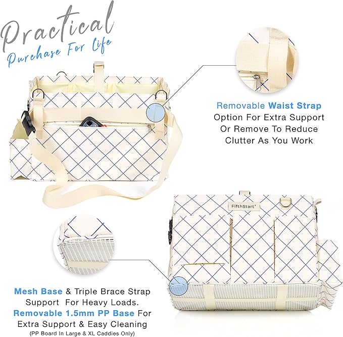 FifthStart Cleaning Caddy for Cleaning Supplies - Large Cleaning Bag Organizer Tote with Shoulder Strap, Mesh Base & Adjustable Dividers - Heavy Duty Cleaning Bags for Housekeepers (Blue Check, Large)