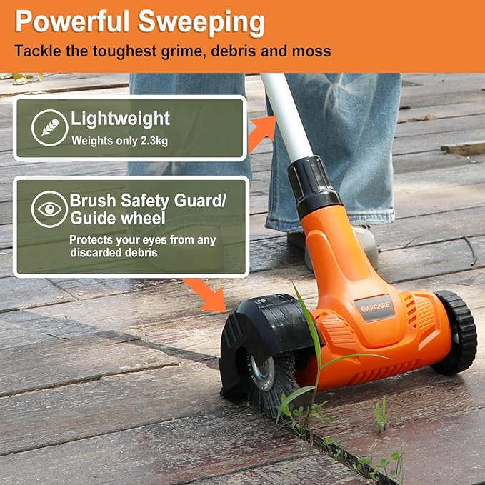 GARCARE 20V Cordless Patio Cleaner - Lightweight Driveway & Pavement Brusher with Interchangeable Brushes, Adjustable Handle for Tile Gaps Sweeper, 4.0Ah Battery and Charger Included