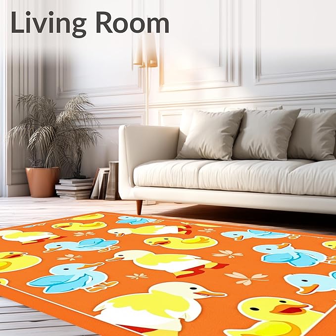 Flatwoven High Traffic Area Rug 4x6, Whimsical Parade Watercolor Cartoon Inspired Motif, Non Slip, Stain Resistant, Washable Area Rugs for Living Room, Bedroom (Orange, 4x6)