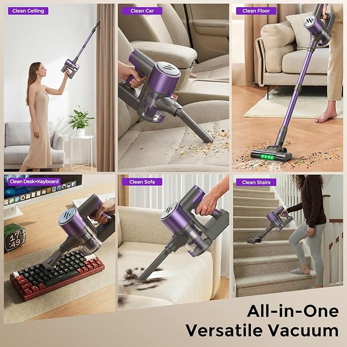 Cordless Vacuum Cleaner,Vacuum Cleaner for Home with Brushless Motor,Lightweight Stick Vacuum with Self-Standing and Touch Screen,Hardwood Floor Vacuum for Pet Hair,Carpets,Tile(Light Purple)