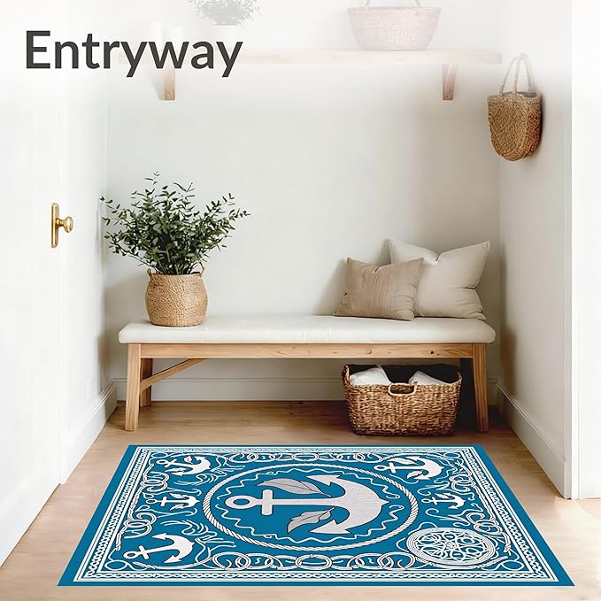 Flatwoven High Traffic Area Rug 8x10, Sailing Ship Anchor Rope Knot Marine World Foam Trio, Non Slip, Stain Resistant, Washable Area Rugs for Living Room, Bedroom (Blue, 8x10)