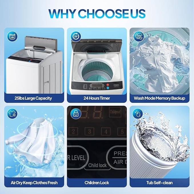 ROVSUN 25LBS Full Automatic Washing Machine and 2.6CuFt Portable Clothes Dryer Set, Electric Laundry Washer and Dryer Combo Set with Stainless Steel Inner Tub, for Apartment, Dorms, Home
