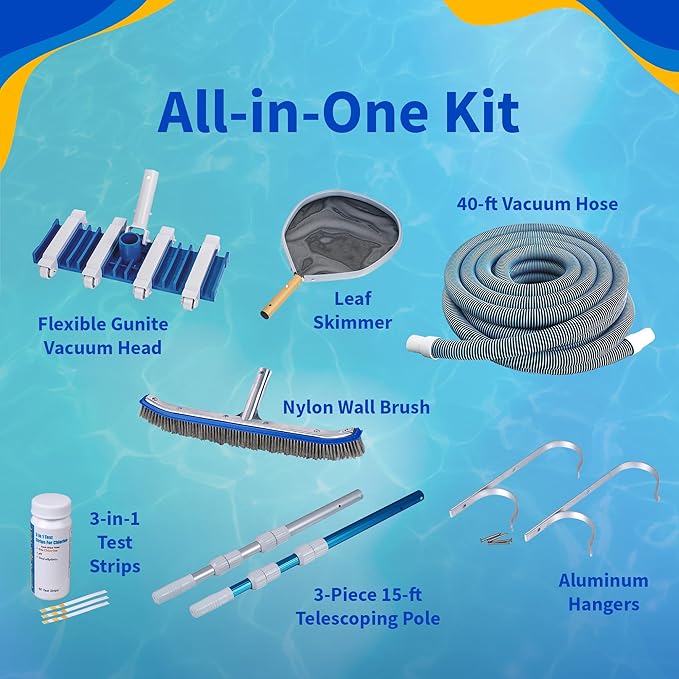 Blue Wave Deluxe Pool Maintenance Kit for In Ground Pool – Includes 15-ft Telepole, 40-ft Vacuum Hose, Leaf Skimmer, Wall Brush, Vacuum Head, Aluminum Hangers and 50 Test Strips