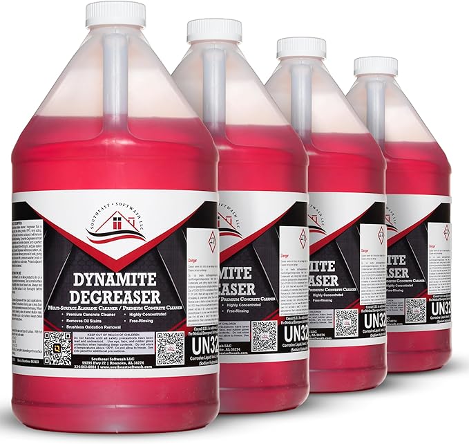 Dynamite Degreaser by Southeast Softwash | Heavy Duty Degreaser Cleaner for Oil and Grease | Driveway Cleaner for Concrete, Dumpster Pads, Gas Stations and Commercial Surfaces | 4 Gallons