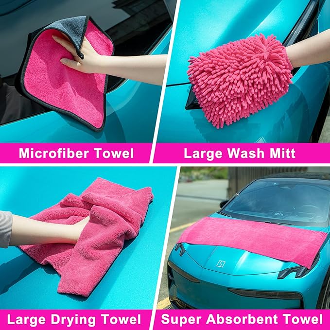 28Pcs Car Cleaning Kit Pink - Car Wash Brush with Long Handle Car Washing Mop, Car Detailing Kit for Cars, Trucks, SUVs, Jeeps