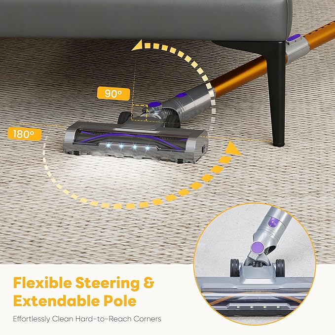 OLIXIS Cordless Vacuum Cleaner with Flexible Steering & Extendable Pole,3 Brush Heads, Lightweight Wireless Rechargeable Upright Vacuum with LED Light & Wall Mount for Hardwood Floors & Carpet