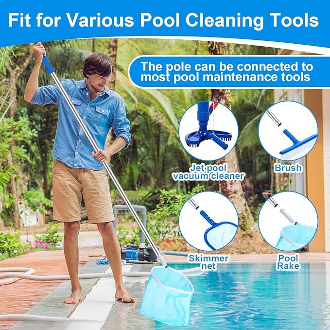 Tioncy 5 Pcs Jet Pool Vacuum Cleaning Kit with Skimmer Nets, Pool Brush and 47" Long Pole Adjustable for Above Ground Ponds Hot Tub Spa Wall Floor Cleaning, Easy to Set up