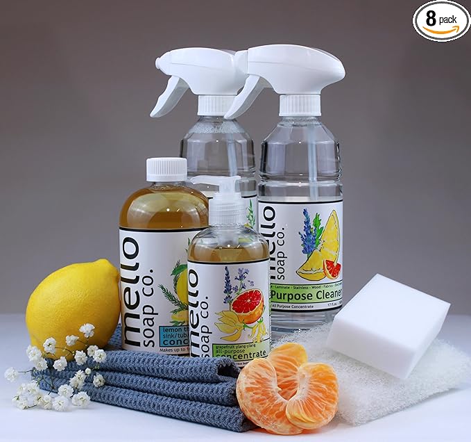 Starter Kit - Concentrated All-Purpose and Sink-Tub-Tile cleaners, Spray Bottles, Waffle-Weave Cloths and scrubbing sponges. (Patchouli Fir)