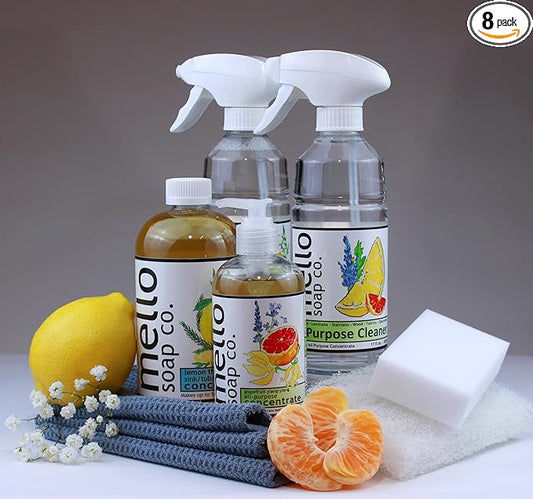 Starter Kit - Concentrated All-Purpose and Sink-Tub-Tile cleaners, Spray Bottles, Waffle-Weave Cloths and scrubbing sponges. (Patchouli Fir)